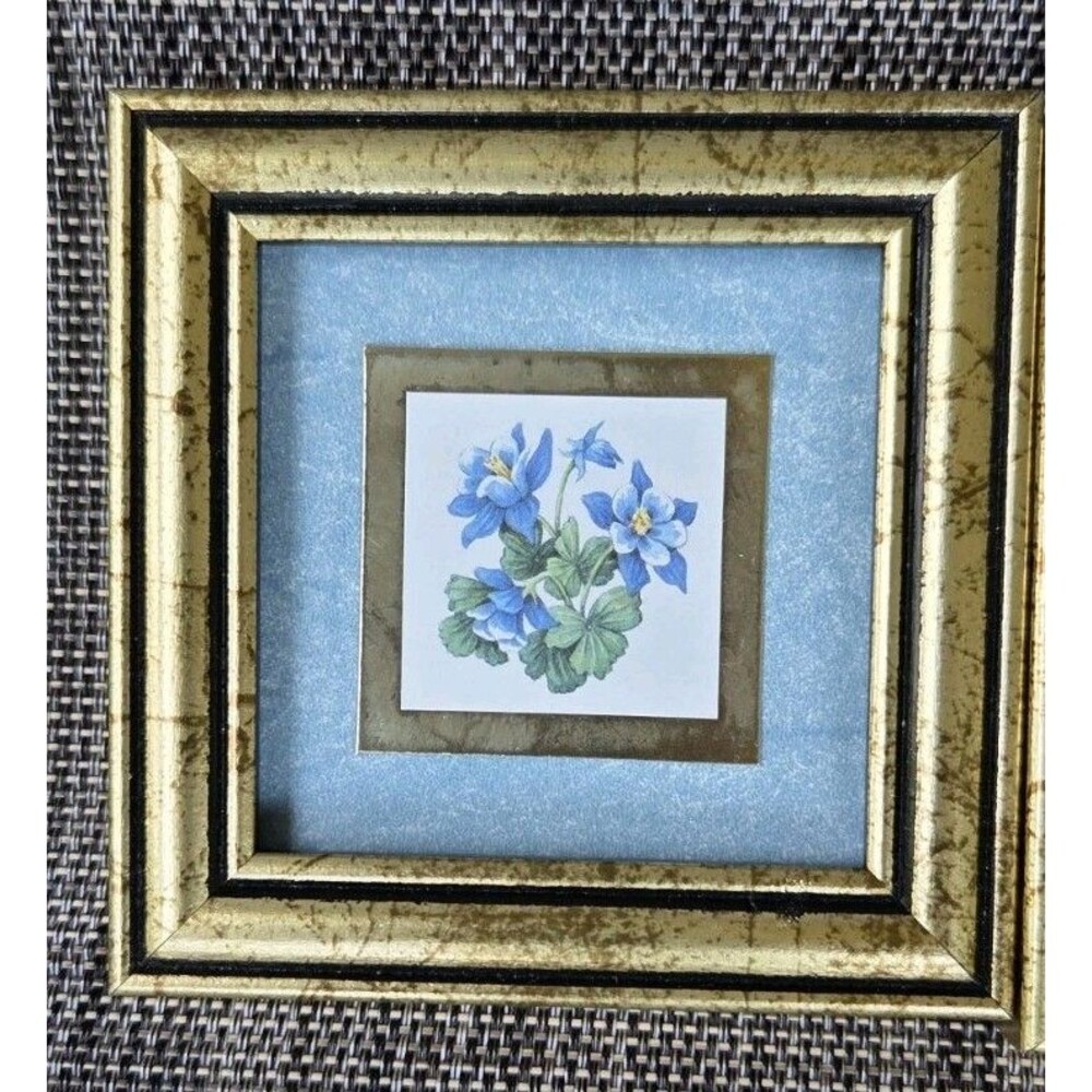 3 Miniature Pictures By Kathy Seek Blue Flowers Gold Frames 4x4 - Picture 2 of 12